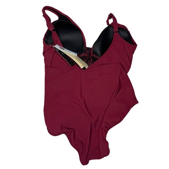 Profile by Gottex Moto Merlot D-Cup Lace Up Plunged One Piece Swimsuit Sz 14D - Picture 3 of 7